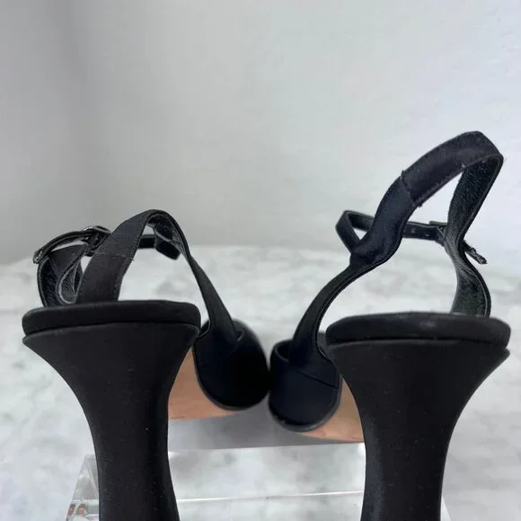 Cynthia Rowley Black Satin High Heels Shoes Women's Buckle Slingback Fabric 9AA - Picture 4 of 9